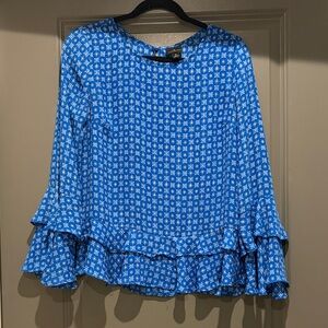 Worthington Blue Printed Ruffle-Hem Blouse
